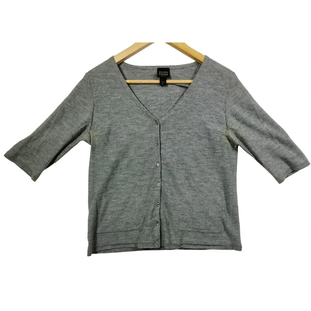 Eileen Fisher Cashmere Cardigan Petite S Gray Button Front Luxury Lagenlook‎